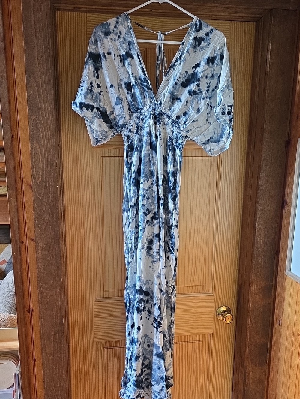 Japna White and Navy Tie-Dye Maxi Dress with V-Neck